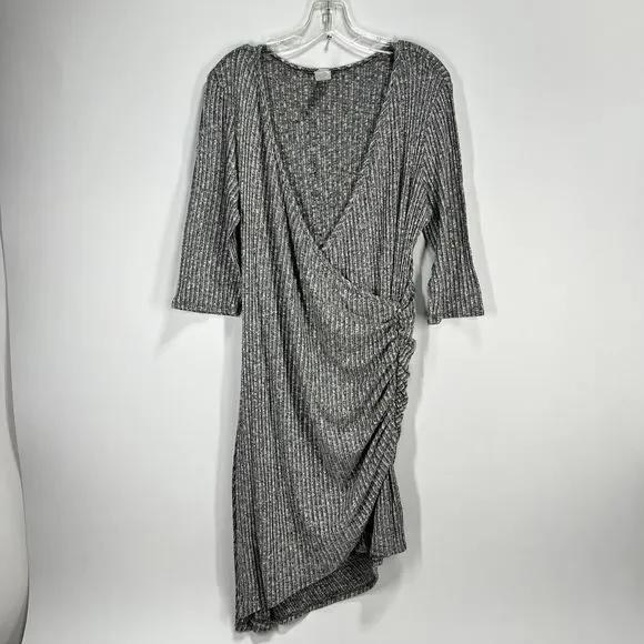Freshmint USA Womens Wrap Dress Size XL Knee Gray V-Neck Knit 3/4 Sleeve Zipper - Picture 3 of 10